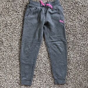Puma Girls Joggers Gray Pink Fleece Sweatpants Size L 14/16 1535918
